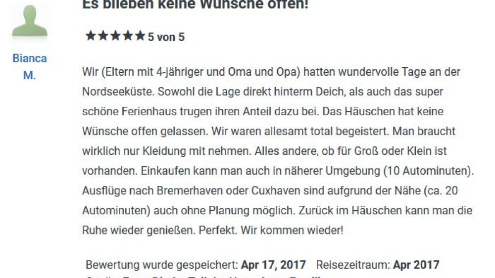 Bewertung von FeWo April 2017