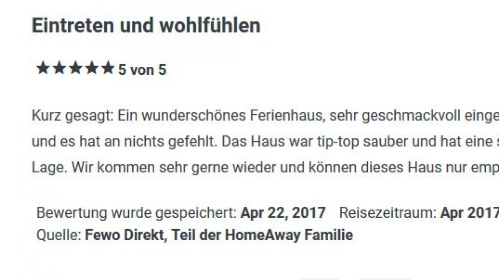 Bewertung von FeWo April 2017